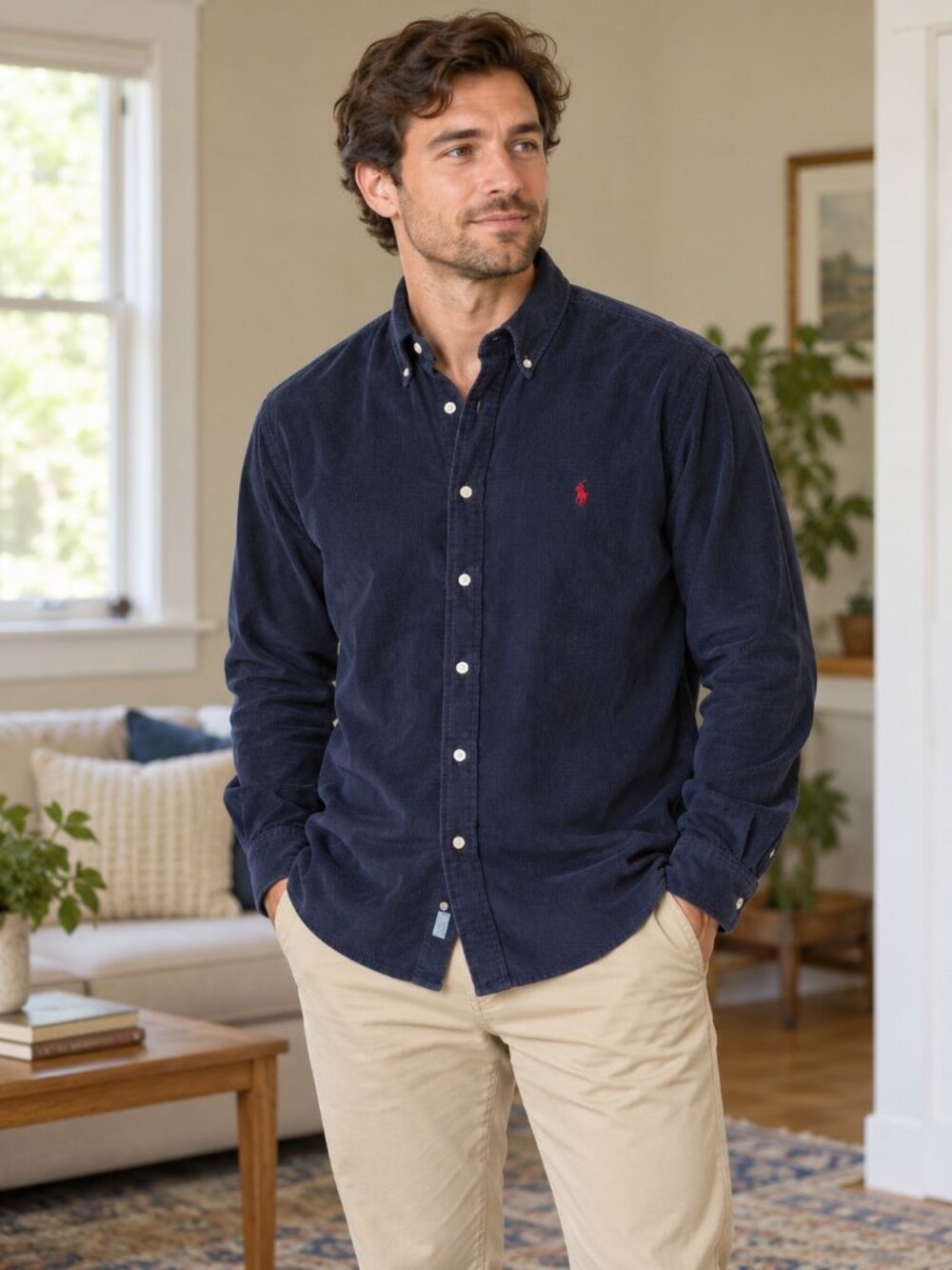 Polo Ralph Lauren Mens Medium Navy Blue Corduroy The Blaire Button Down Shirt